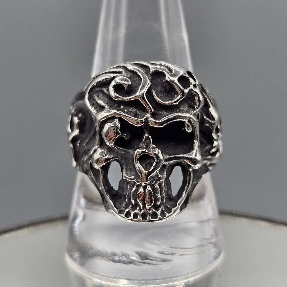 Mens Stainless Steel Skull Ring Gothic Biker Halloween Metal Punk 3D Size 10.5